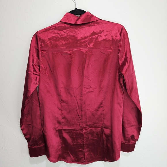 Lucca Wildfang Satin Shirt Button Up Long Sleeve Blouse Maroon Red Silky Small - Picture 6 of 16
